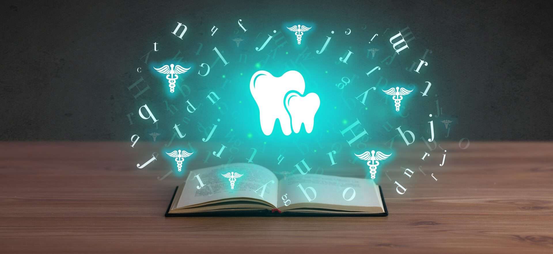 Open book with various dental symbols hovering above